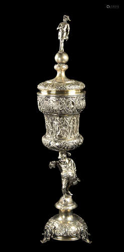 A Large German Embossed Silver Historismus Cup with Lid