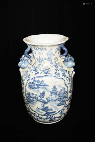 A Republic Era Chinese Exporting Blue and White Porcelain Vase with Flowers and Window of Landscapes and a Pair of Pomegranate Handles