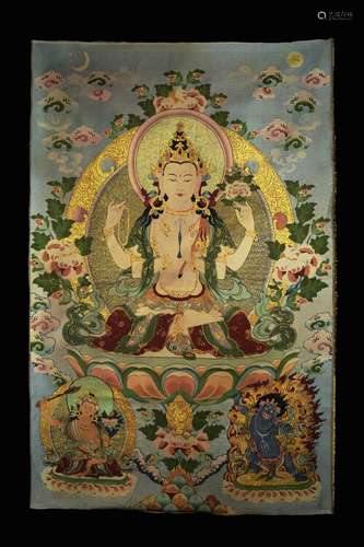 A  Hand Woven Tibetan Thangka of Four-Arm Guanyin