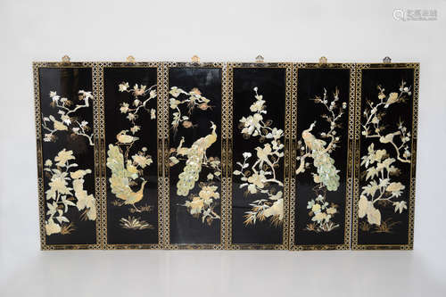 [Chinese] A Set of Six Piece Black Lacquered  Hanging Panels with Inlaid with Mother pearls