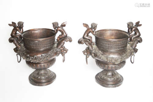 A Pair of Extra Large Finely Sculpted European Style Bronze Flower Pots with Little Angels and Filigrees