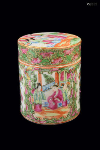 [Chinese] A Guangdong Colour Porcelain Lidded Can with windows o f Portraits