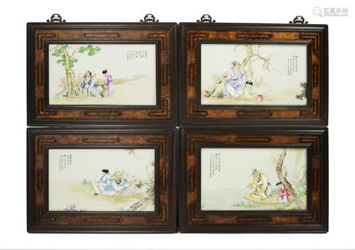 A Set of Hardwood Framed Porcelain Plaque Wall Panels, marked as 