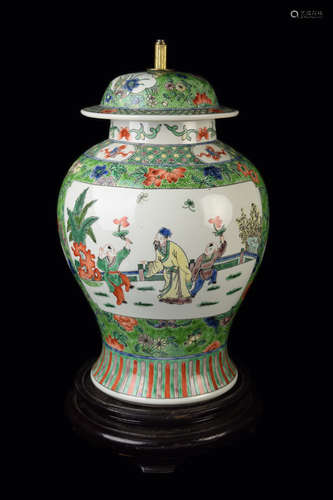 [Chinese] A Green Ground Penta-Colour Porcelain General Jar Modified Lamp