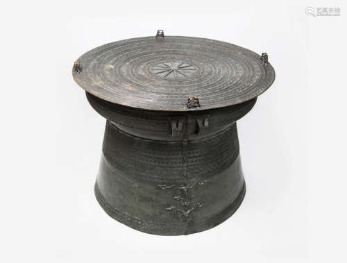 A Chinese Warring States Period Style Bronze Drum with Fish and Geometric Patterns