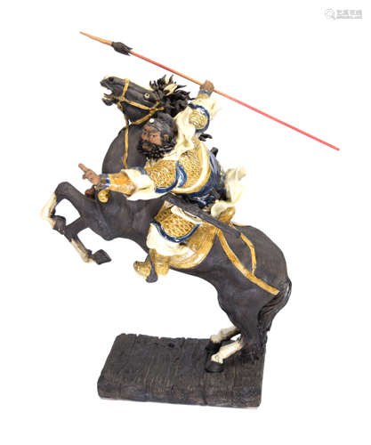 [Chinese] An Old Guangdong Shiwan Pottery Statue of Zhang Fei on horse, inscribed 