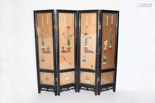 [Chinese] A Framed Four-Panel Folding Screen with Colour Glass Vased Flower Patterns