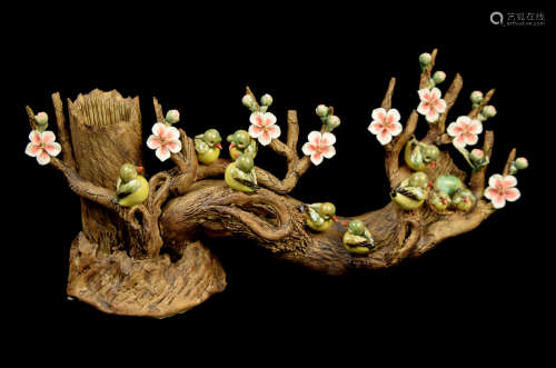 A Pottery Ornament of Peach Flower Branch with Ten Birds