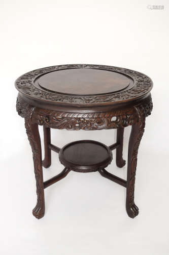 [Chinese] An Old Hardwood Round Table with Dragon Carving