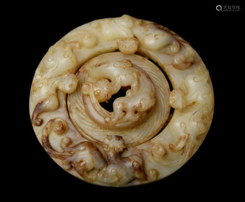 An Old Chinese White Jade Decorative Lock Carved with Nine Tigers