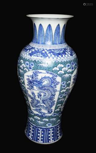 A Large Chinese Blue and White Plus Green Porcelain Vase Painted with Dragons and Interlocking Flowers