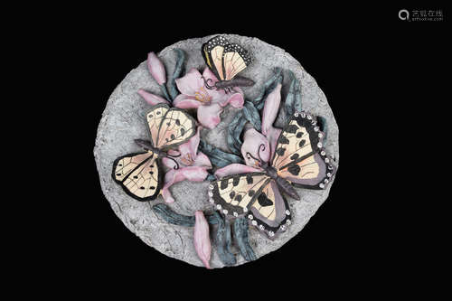 A Pottery Wall Ornament with Butterfly and Lily