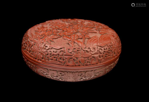 [Chinese] A Cinnabar Lacquered Round Wood Box with Bird and Flower Carvings