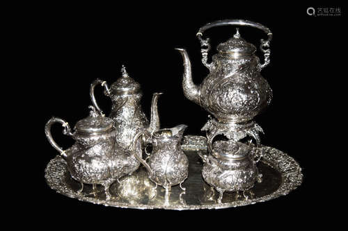 An Old German Sterling Silver An Old German Sterling Silver Cherub Figural Repousse Tea Set (6 pcs)