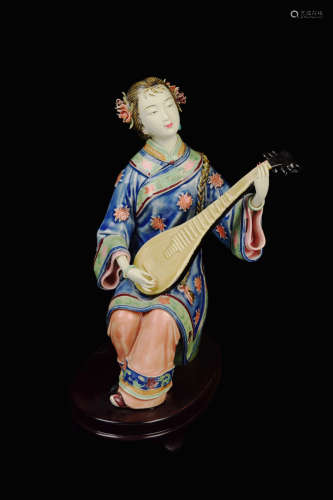 [Chinese] A Shiwan Pottery Lady with Pipa Figurine