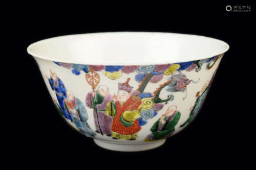 [Chinese] A Republic Era Penta-Colour Porcelain Bowl with Portrait of Eighteen Arhats