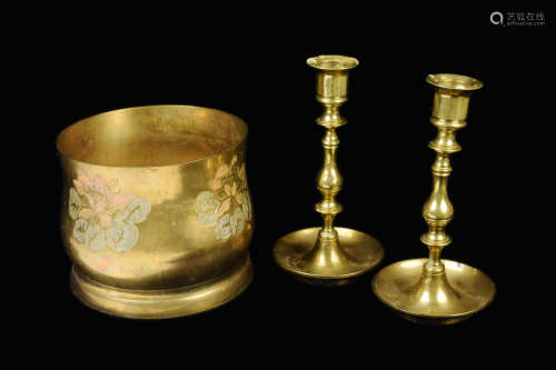 [Indian] A Brass Flower Urn and a Pair of Brass Candle Stick