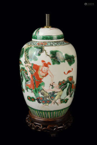 [Chinese] A Penta-Colour (Wu-cai) Zhong-Kui Portrait Lidded Jar Modified Lamp