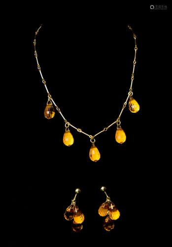 A Set of Synthetic Yellow Quartz Necklace and Clip Earrings