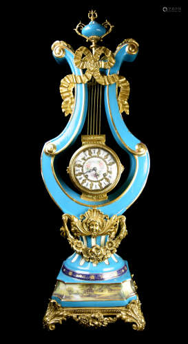A 92cm Large Continental Sky Blue Porcelain Harp Shape Clock with Gilt Bronze Decorations