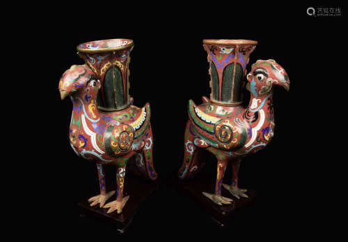 A Pair of Old Chinese Cloisonné Han Style Phoenix Oil Lamp Stands