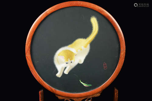 An Old Chinese Suzhou Double-Sided Embroidery of a Cat and a Grasshopper