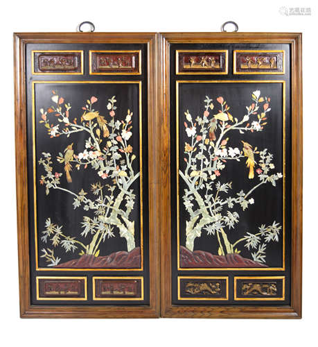 A Pair of Republic Era Chinese Lacquered Wall Panel with Jade Studded Bird and Plant Patterns