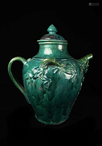 A Large Old Chinese Green Glazed Flambe Pottery Kettle with Bamboo and Plum Blossom Relief, marked 