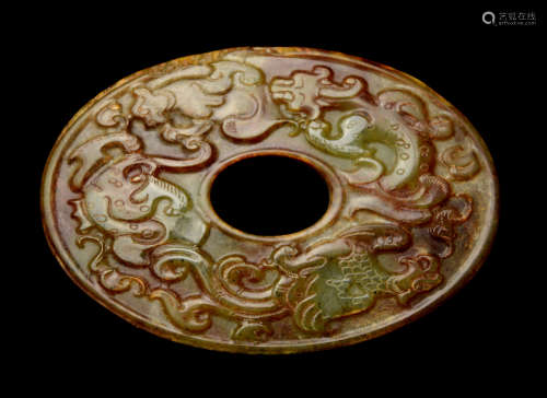 [Chinese] An Old Jade Oval Bi Ornament with Design of Four Divine Beasts