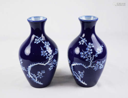 A Pair of Blue Glaze Porcelain Vase with White Plum Blossoms