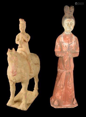 A Tang Dynasty Style Pottery Dolls of Standing Lady and Lady on Horse (2 pcs)