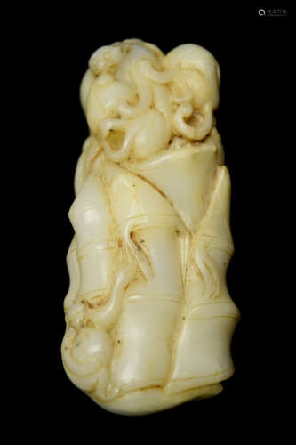 An Old Chinese White Jade Ornament Carved with Monkey, Peach, and Bamboo