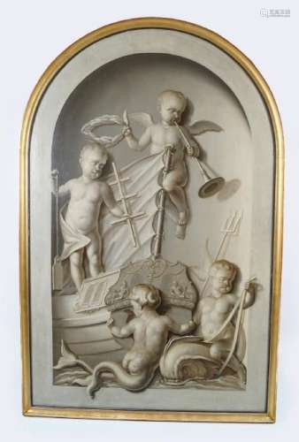 LARGE 19TH-CENTURY EN GRISAILLE ARCHED PANEL