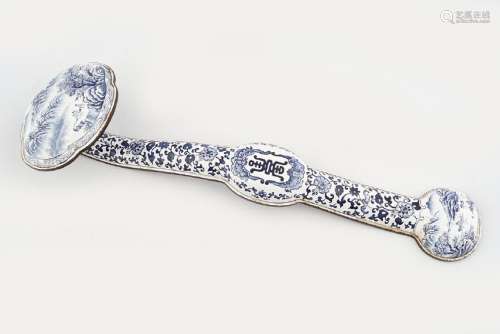 CHINESE QING BLUE AND WHITE ENAMELLED RUYI SCEPTRE