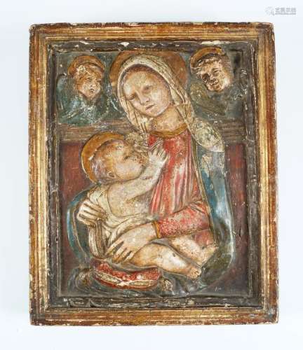 EARLY POLYCHROME CARVED WOOD AND GESSO PLAQUE