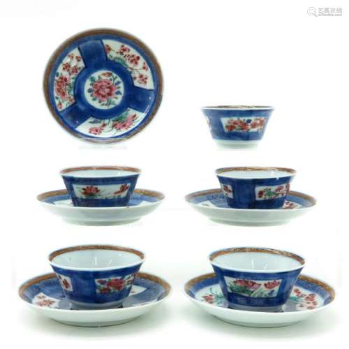 Five Powder Famille Rose Cups and Saucers