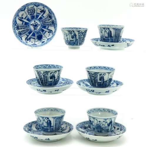 A Series of Six Blue and White Decor Cups and Saucers
