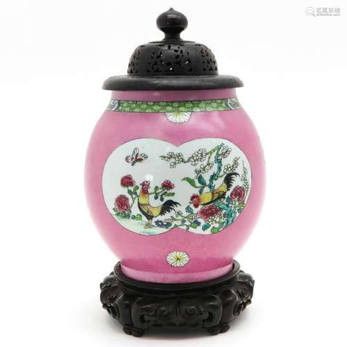 A Famille Rose Decor Temple Jar with Cover