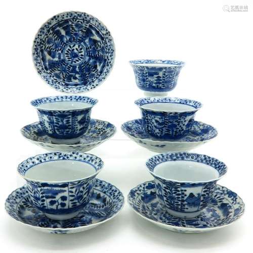 Five Blue and White Decor Cups and Saucers