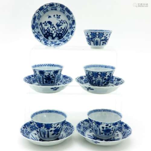 Five Blue and White Decor Cups and Saucers