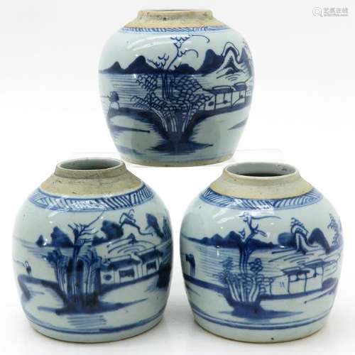 Three Blue and White Ginger Jars