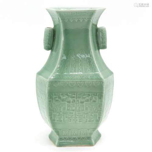 A Celadon Fanghu Vase