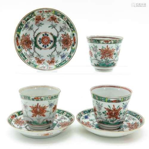 Three Famille Verte Decor Cups and Saucers