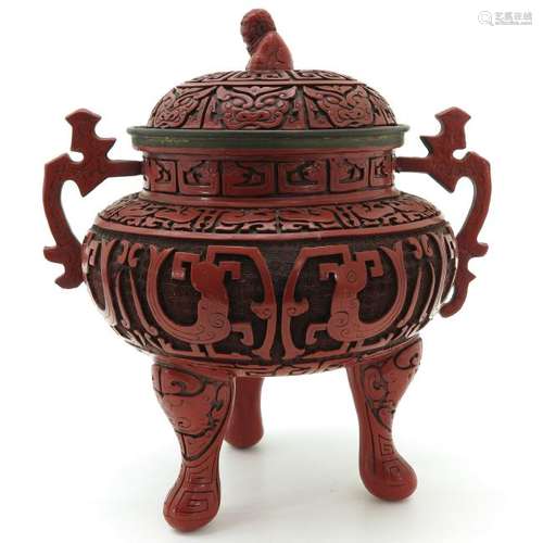 A Tripod Cinnabar Lacquer Censer with Cover