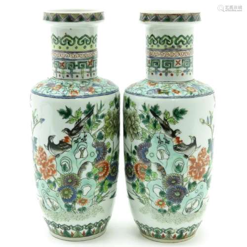 A Pair of Famille Verte Decor Rouleau Vases