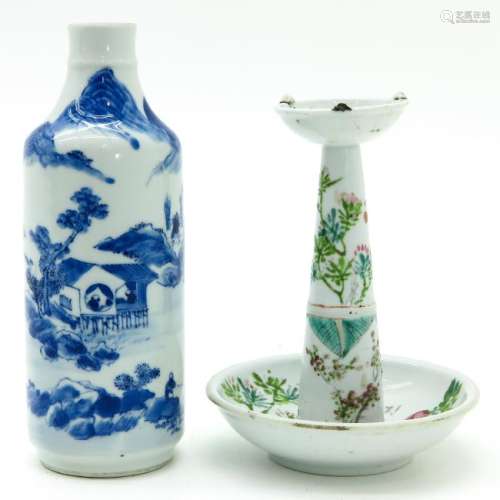 A Blue and White Vase and Polychrome Oil Lamp