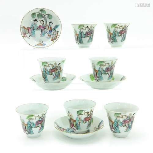 A Collection of Polychrome Decor Cups and Saucers