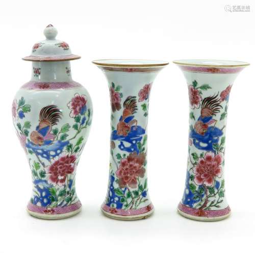 A Famille Rose Decor Three Piece Garniture Set