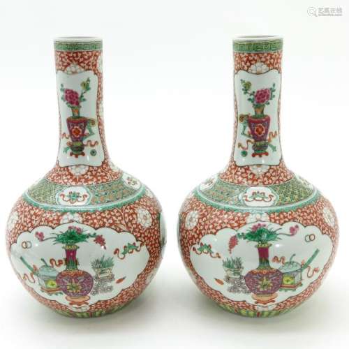A Pair of Famille Verte Decor Bottle Vases