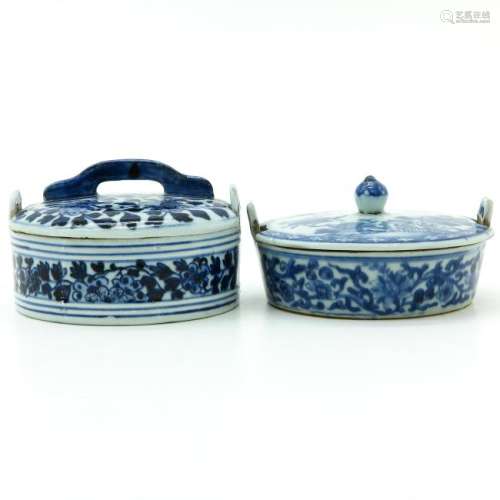 Two Blue and White Decor Covered Dishes